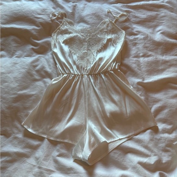 Lulus Be My Love White Satin Lace Lounge Romper - Size - Picture 4 of 6